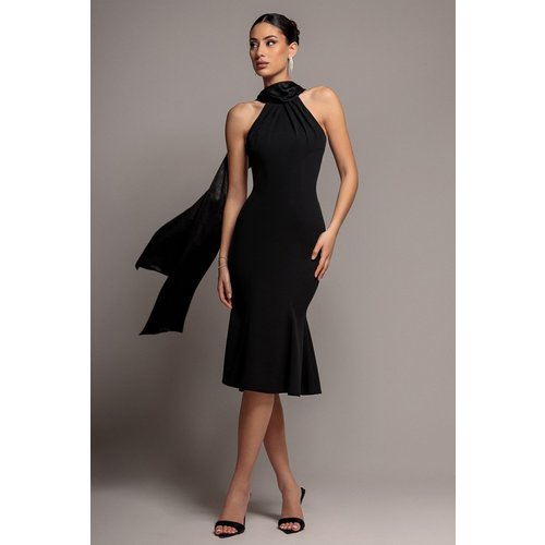 Goddiva Scuba & Velvet Satin Halterneck Midi Dress With Back Sash - Black