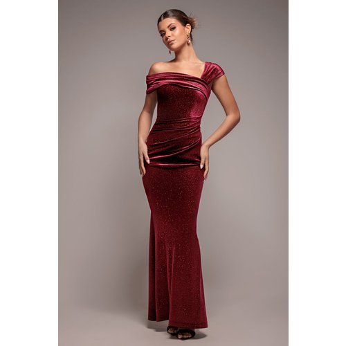 Goddiva Glitter Velvet One Shoulder Maxi Dress - Wine
