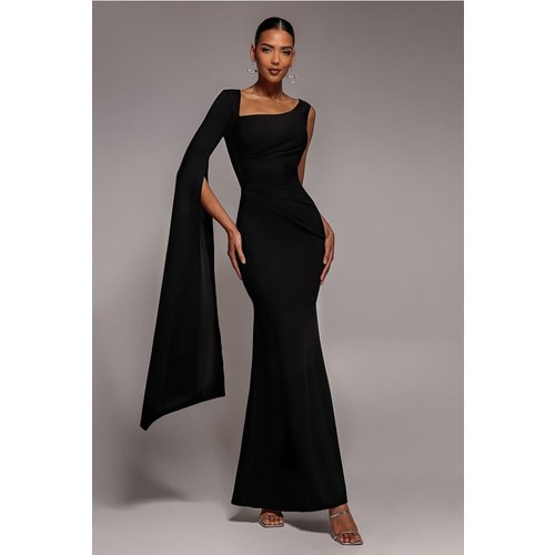 Goddiva One Shoulder Cape Sleeve Maxi Dress - Black