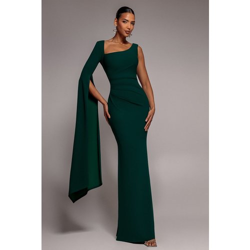 Goddiva One Shoulder Cape Sleeve Maxi Dress - Emerald Green