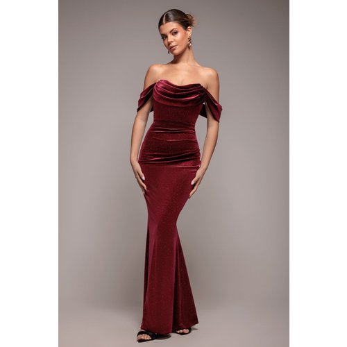 Goddiva Glitter Velvet Cowl Neck Pleated Waist Maxi Dress - Wine