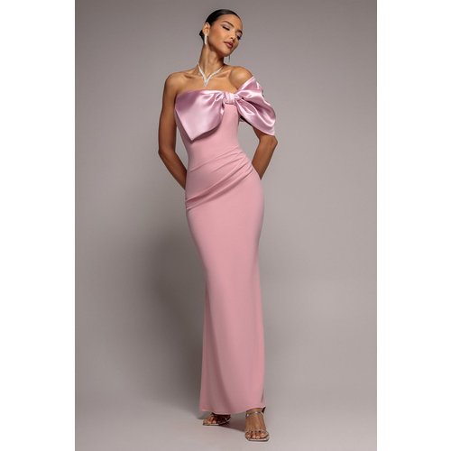 Goddiva Off The Shoulder Satin Bow Neck Maxi Dress - Blush Pink