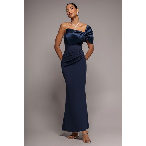 Goddiva Off The Shoulder Satin Bow Neck Maxi Dress - Navy Blue