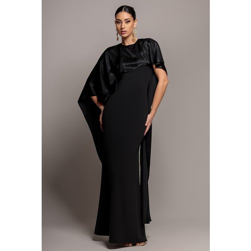 Goddiva Scoop Neck Velvet Satin Cape Sleeve Maxi Dress - Black