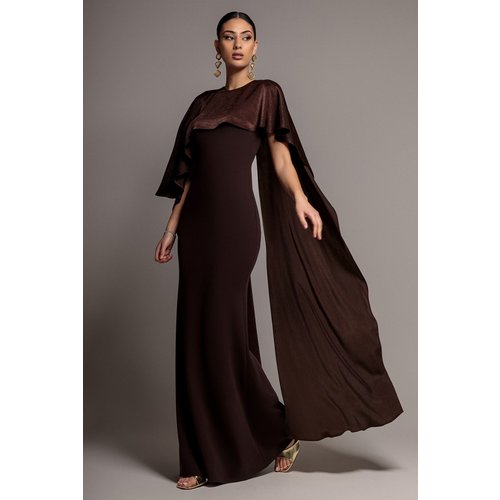 Goddiva Scoop Neck Velvet Satin Cape Sleeve Maxi Dress - Brown