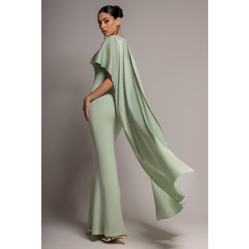 Goddiva Scoop Neck Velvet Satin Cape Sleeve Maxi Dress - Sage Green