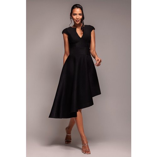 Goddiva Cap Sleeve Textured Skater Asymmetric Midi Dress - Black