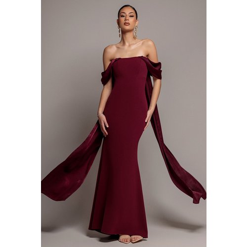 Goddiva Off Shoulder Velvet Satin Wing Cape Maxi Dress - Burgundy