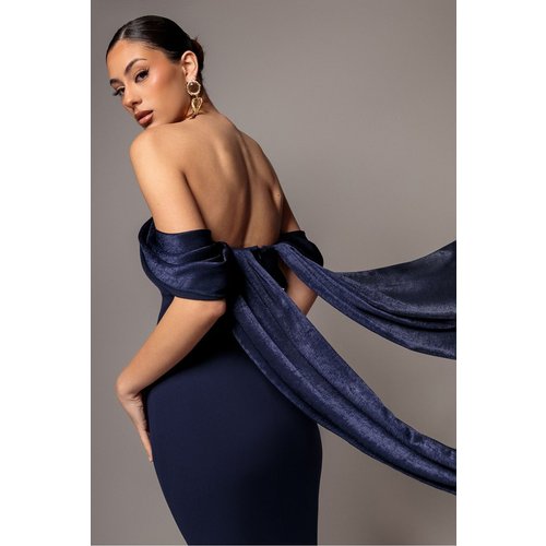 Goddiva Off Shoulder Velvet Satin Wing Cape Maxi Dress - Navy Blue
