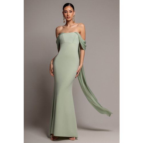 Goddiva Off Shoulder Velvet Satin Wing Cape Maxi Dress - Sage Green