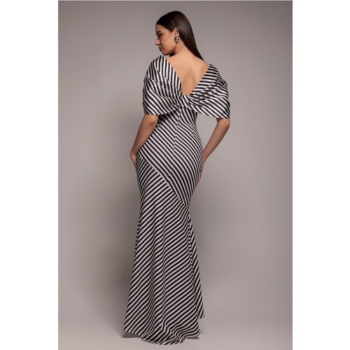 Goddiva Stripe Off Shoulder Bow Back Satin Bow Maxi Dress - Black White