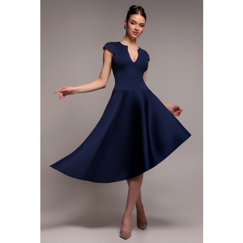 Goddiva Cap Sleeve Skater High Low Midi Dress - Navy Blue