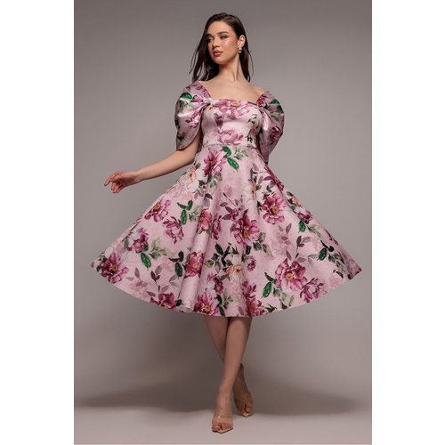 Goddiva Off Shoulder Floral Bow Back A Line Midi Dress - Blush Pink