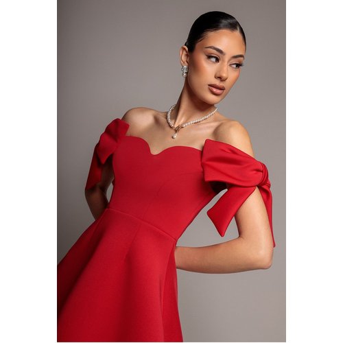 Goddiva Bardot Plunge Neck Bow Sleeve Skater Mini Dress - Red