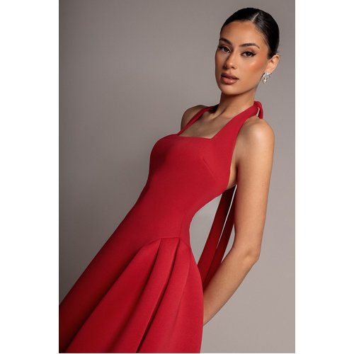 Goddiva Corset Fit And Flare Halter Neck Midi Dress - Red