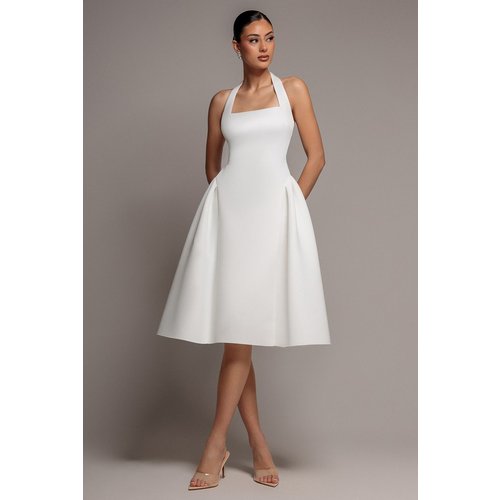 Goddiva Corset Fit And Flare Halter Neck Midi Dress - White