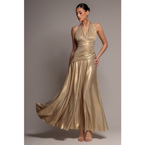 Goddiva Halterneck Empire Waist Gathered Sunrise Foil Maxi Dress - Gold