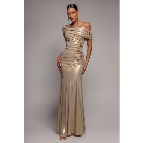 Goddiva Foil Pleated One Shoulder Bardot Fit And Flare Maxi Dress - Gold