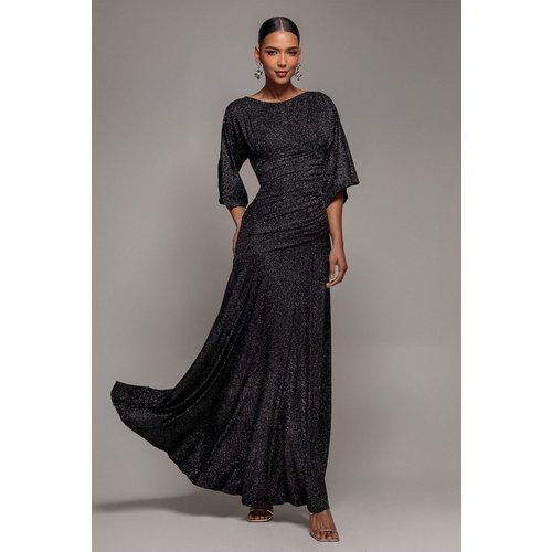 Goddiva Lurex Kimono Sleeve Gathered Waist Maxi Dress - Black