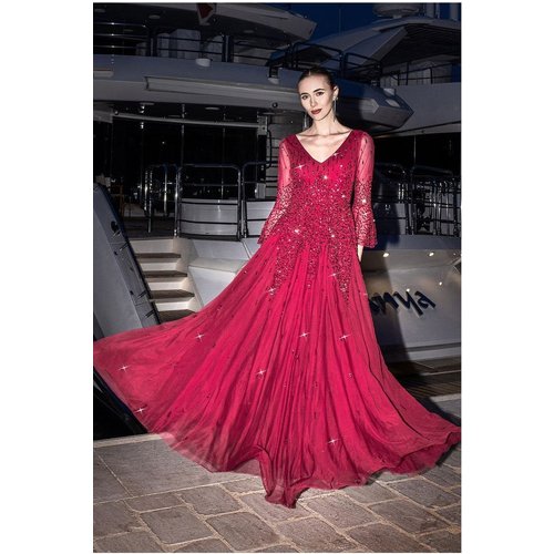 Goddiva Sunray Hand Embellished Sequin A-Line Bell Sleeve Maxi Dress - Burgundy