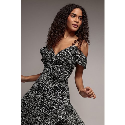 Goddiva Spaghetti Strap Polka Dot Wrap Midi Dress - Black White