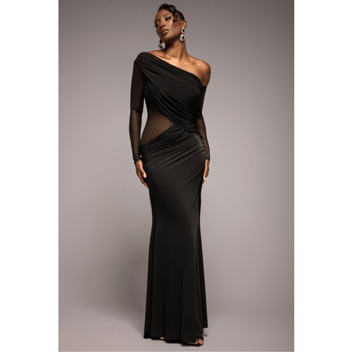 Goddiva Gathered Cowl Asymmetric Mesh And Soft Touch Maxi Dress - Black