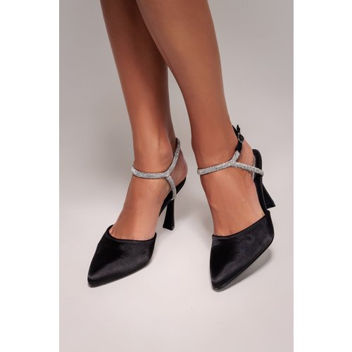Goddiva Diamante Embellished Satin Slingback Court Heels - Black Satin