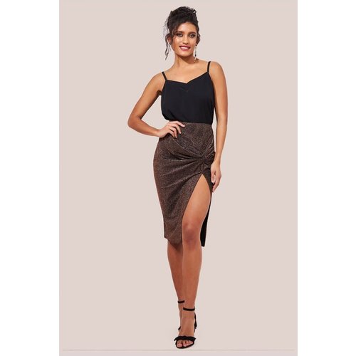 Goddiva Knot Front Thigh Split Midi Skirt - Bronze