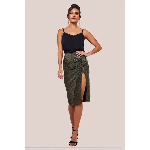Goddiva Knot Front Thigh Split Midi Skirt - Gold