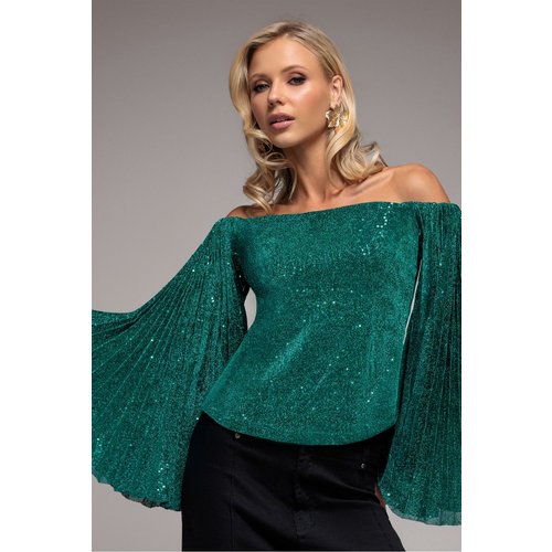 Goddiva Sequin Lurex Bardot Pleated Sleeve Top - Teal Blue