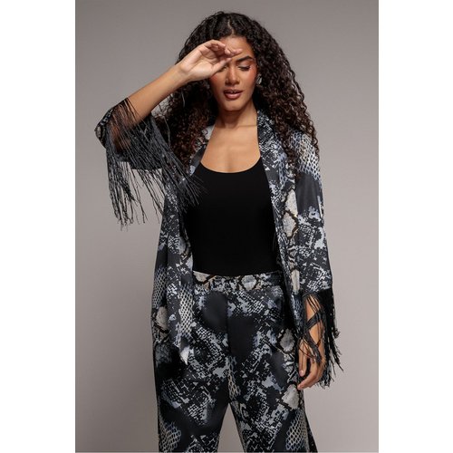 Goddiva Foil Print Kimono With Tassels - Black