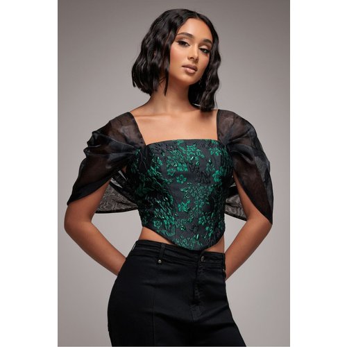 Goddiva Off Shoulder Jacquard Top With Organza Wings - Emerald Black