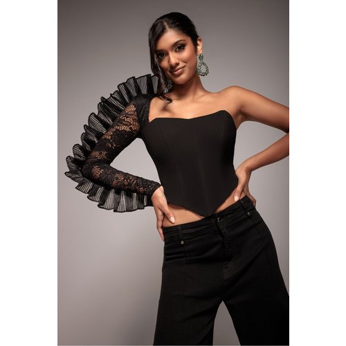 Goddiva One Shoulder Fan Pleat Frill Corset Top - Black