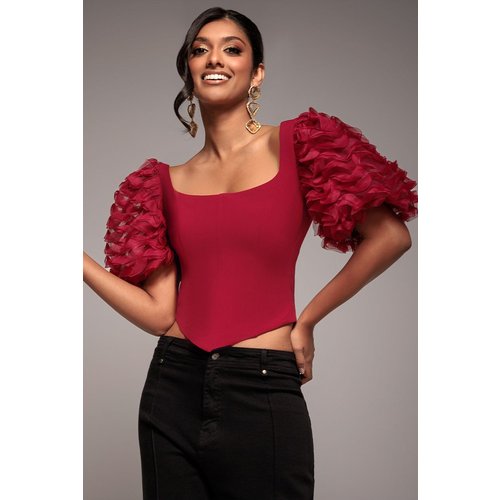 Goddiva 3D Textured Sleeve Scuba Corset Top - Burgundy