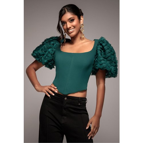 Goddiva 3D Textured Sleeve Scuba Corset Top - Emerald Green
