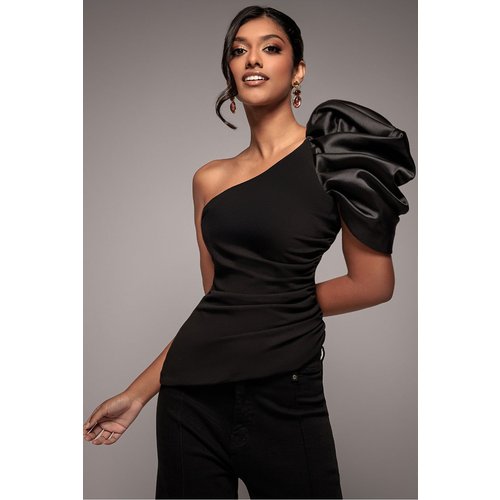 Goddiva One Shoulder Puffed Satin Sleeve Asymmetric Scuba Top - Black