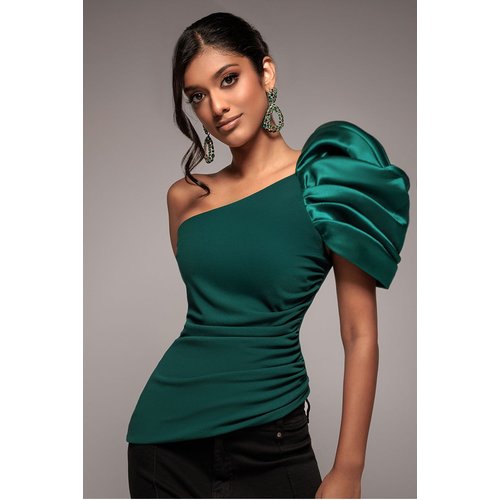 Goddiva One Shoulder Puffed Satin Sleeve Asymmetric Scuba Top - Emerald Green