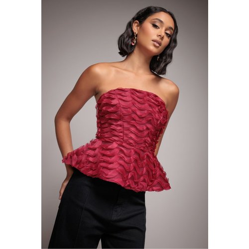Goddiva Peplum 3D Textured Boob Tube Lace Up Corset - Burgundy