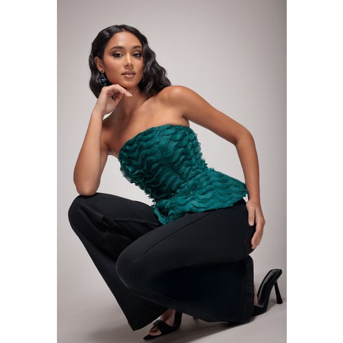 Goddiva Peplum 3D Textured Boob Tube Lace Up Corset - Emerald Green