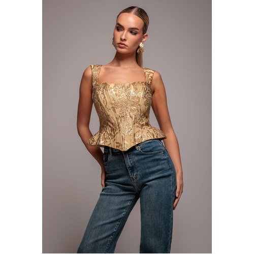 Goddiva Sleeveless Jacquard Lace Up Back Corset - Gold
