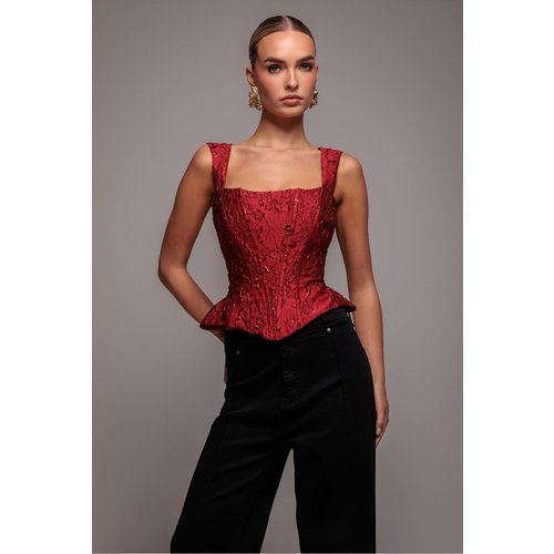 Goddiva Sleeveless Jacquard Lace Up Back Corset - Red