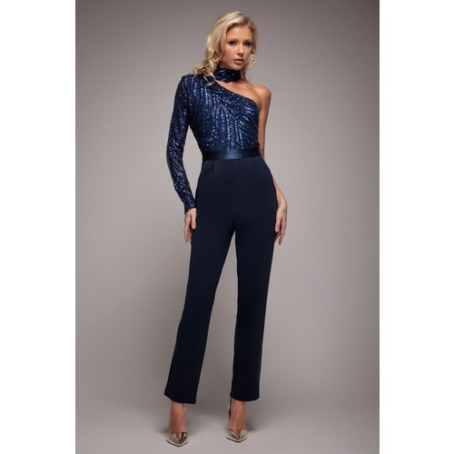 Goddiva One Shoulder Sequin Romper - Navy