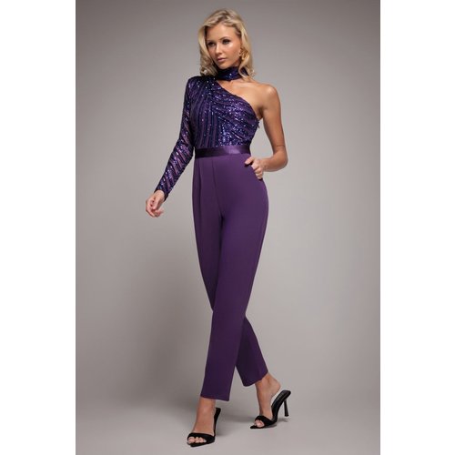 Goddiva One Shoulder Sequin Romper - Purple