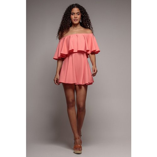 Goddiva Off The Shoulder Frill Neck Skater Romper - Coral