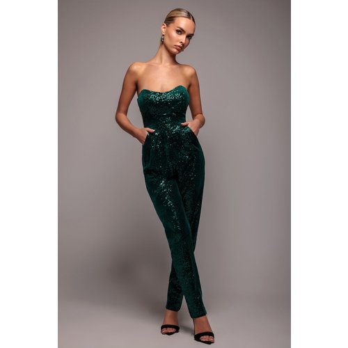 Goddiva Sequin & Velvet Corset Romper - Emerald Green