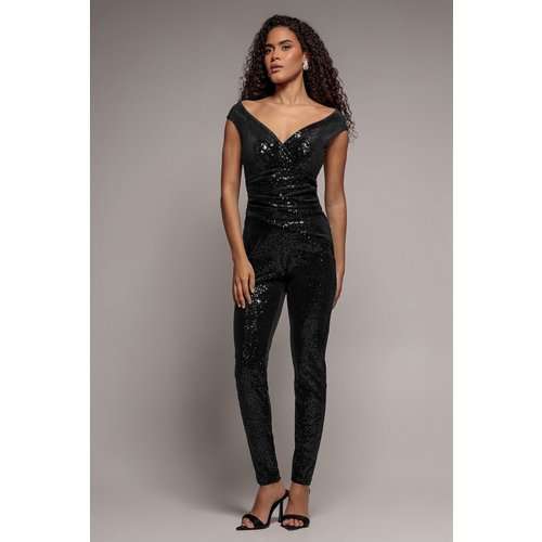 Goddiva Sequin Velvet Bardot Romper - Black