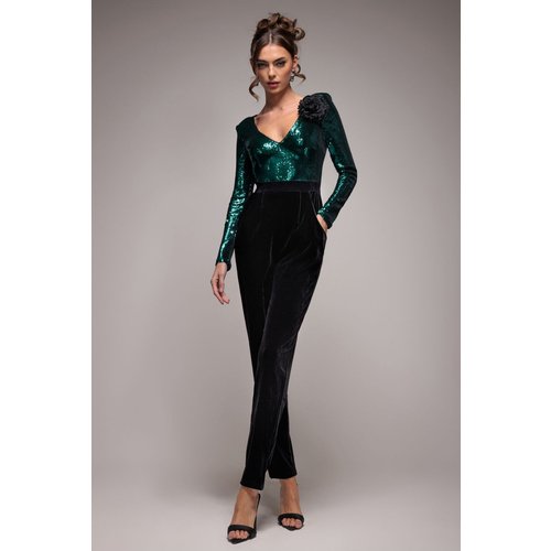 Goddiva Liquid Sequin Romper With Corsage - Emerald Green
