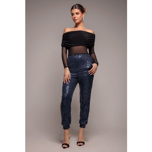 Goddiva Sequin Cuffed Ankle Pant - Navy