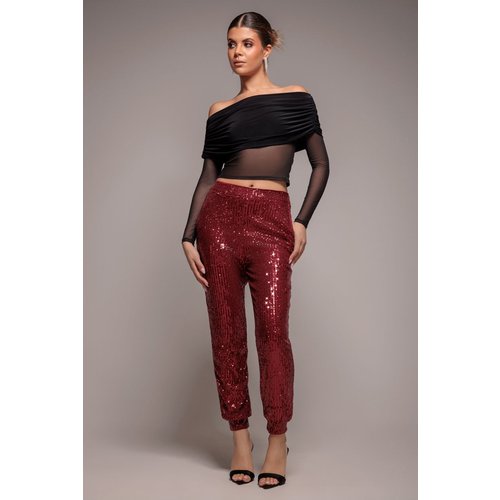 Goddiva Sequin Cuffed Ankle Pant - Wine