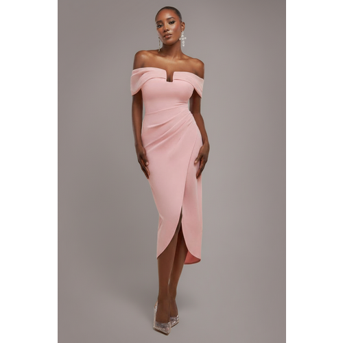 Goddiva Off The Shoulder Chiffon Wing Scuba Crepe Midi Dress - Blush Pink